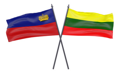 Liechtenstein and Lithuania, two crossed flags isolated on white background. 3d image
