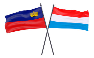 Liechtenstein and Luxembourg, two crossed flags isolated on white background. 3d image