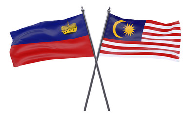 Liechtenstein and Malaysia, two crossed flags isolated on white background. 3d image