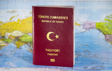 Turkish passport on the world map.