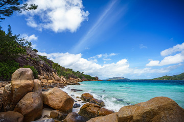 Fototapeta na wymiar A lot of granite rocks on a coast on the seychelles 15