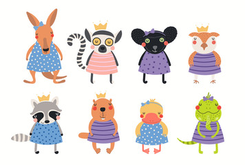 Big set of cute funny animal girls in dresses. Isolated objects on white background. Hand drawn vector illustration. Scandinavian style flat design. Concept for children print. © Maria Skrigan