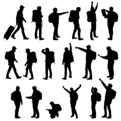 Set realistic silhouettes of tourists, men and women. Backpack on back, showing hands and rejoicing in success. Vector