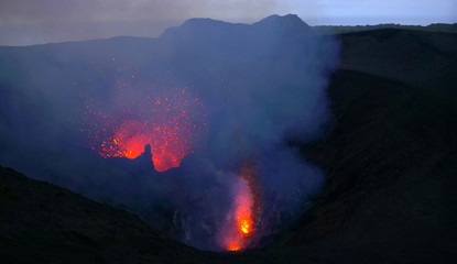 CLOSE UP: Scorching hot lava flies out of the active crater of Mount Yasur.