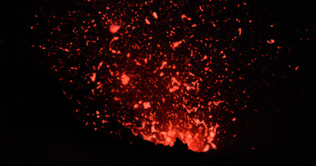 CLOSE UP Mount Yasur violently erupting and blasting hot magma out of its depths