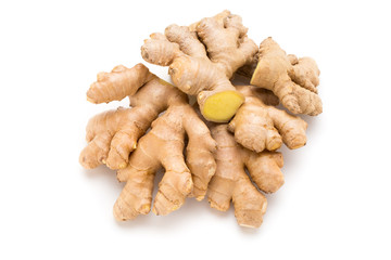 Ginger bio and lemon on white background.