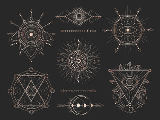 Vector set of Sacred geometric symbols and figures on black background. Gold abstract mystic signs collection.