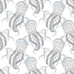 Seamless vector pattern with Jellyfish. Black and grey marine endless texture of sea world. For wallpaper, pattern fills, web page background, surfacee textures. Doodle. Perfect for adults coloring