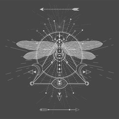 Vector illustration with hand drawn Dragonfly and Sacred geometric symbol on black background. Abstract mystic sign.