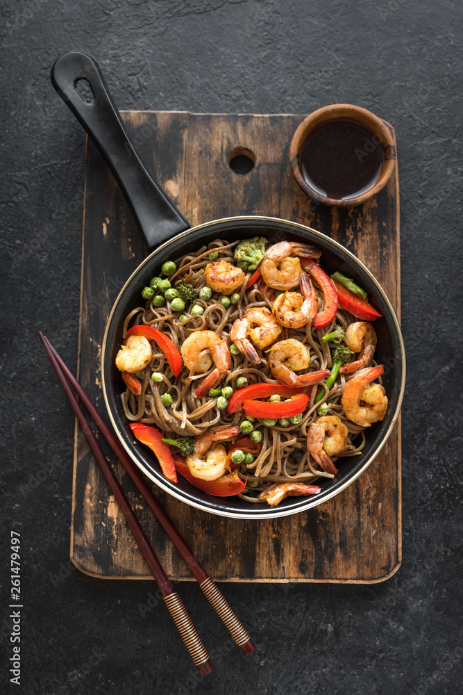 Poster stir fried shrimp soba