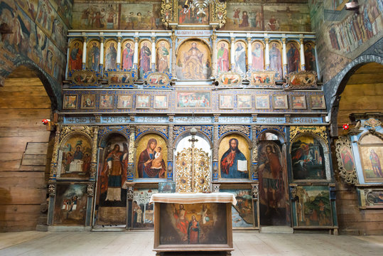 Drohobych, Ukraine - May 20 2018- Ancient Mural at St. George's Church in Drohobych, Ukraine. It is part of the World Heritage Site - Wooden Tserkvas of the Carpathian Region in Poland and Ukraine.