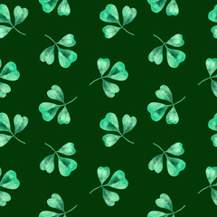 Watercolor seamless clover pattern. Clover pattern with three leaves for Saint Patrick's Day.