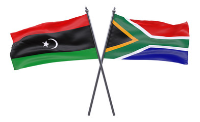Libya and South Africa, two crossed flags isolated on white background. 3d image