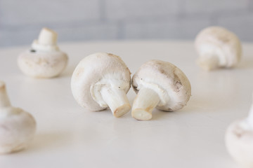 Champignon mushrooms fresh raw vegetarian food on table white background