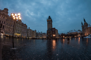 Old town square and medieval astronomical clock in Prague
