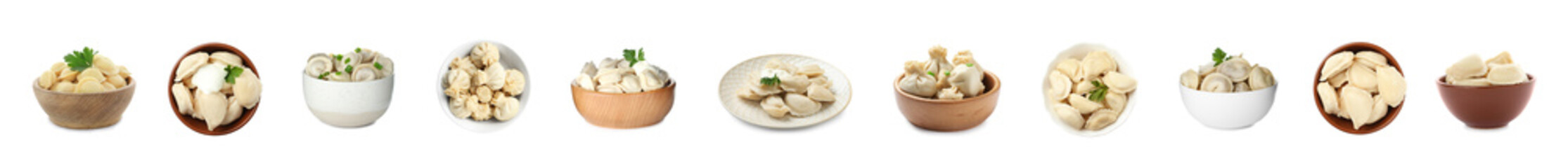Set of delicious cooked dumplings on white background