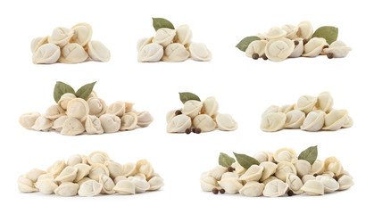 Set of piles with delicious uncooked dumplings on white background