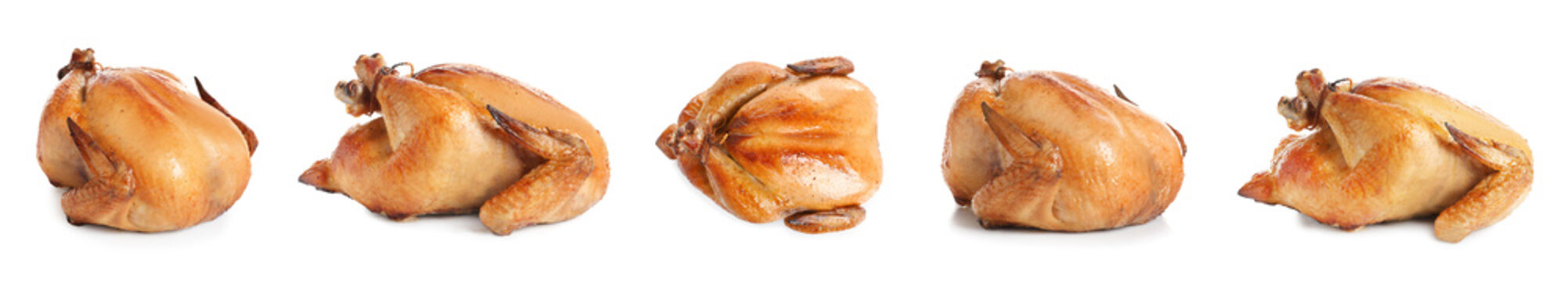 Set of delicious roasted turkey on white background
