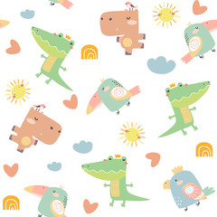 Childish seamless pattern with birds and animals