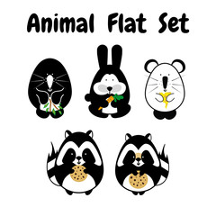 Flat animal stroke icon cute set. Black and white simple style. Cartoon element for design. Mole, rabbit, mouse, raccoon