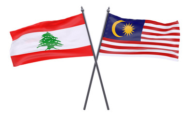 Lebanon and Malaysia, two crossed flags isolated on white background. 3d image