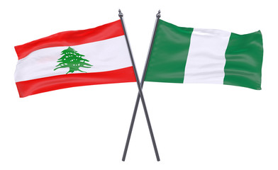 Lebanon and Nigeria, two crossed flags isolated on white background. 3d image