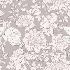 Vintage seamless pattern with blossoming peony flowers, rose flowers on beige with wildflowers. Vector illustration. Pastel colours.
