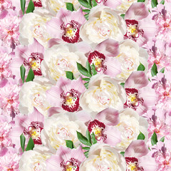 Beautiful floral background of peonies and orchids. Isolated