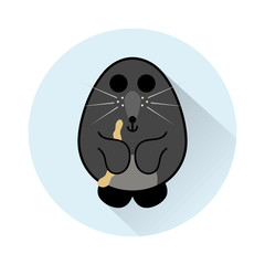 Vector cartoon illustration of mole with earthworm. Blue round background with long shadow. Flat style icon element for design. Cute  forest, wild animal