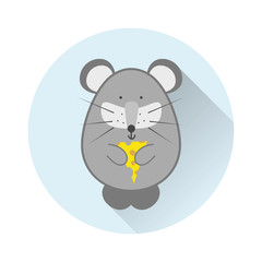 Vector cartoon illustration of mouse with cheeze. Blue round background with long shadow. Flat style icon element for design. Cute  forest, wild animal