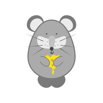 Flat animal element for design, icon, character.  Funny mouse with cheese isolated on white background
