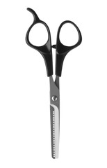 New thinning scissors on white background. Professional hairdresser tool