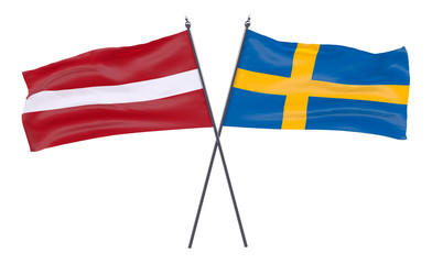 Latvia and Sweden, two crossed flags isolated on white background. 3d image