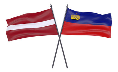 Latvia and Liechtenstein, two crossed flags isolated on white background. 3d image