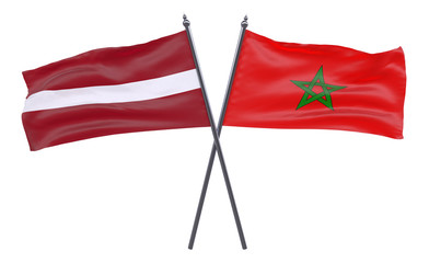 Latvia and Morocco, two crossed flags isolated on white background. 3d image