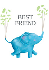 Elephants and flowers for design card clip art digital animal of africa cute drawing character funny kid style on white background