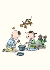 two ancient chinese kids play insect