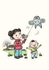 two ancient chinese kids flying kite