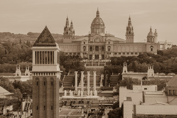 Aerial View of city center with Placa Espanya and Montjuic Hill