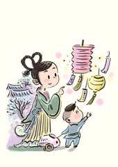 two ancient chinese kids in lantern festival
