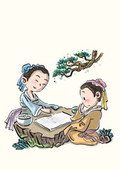 two ancient chinese boys playing chess