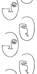Seamless pattern with trendy minimalistic faces. Abstract linear silhouette of human faces. Modern avant- garde poster. Black silhouette on white background