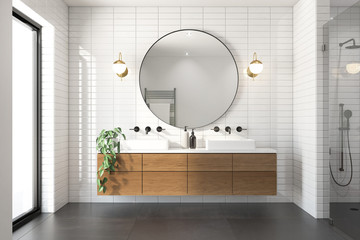3d rendering of a modern minimal white bathroom with big round mirror - obrazy, fototapety, plakaty