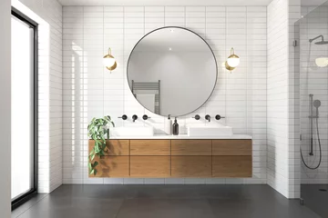 Fotobehang 3d rendering of a modern minimal white bathroom with big round mirror © Michael