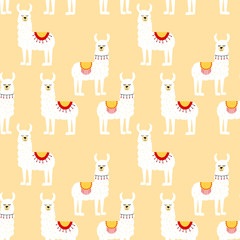 Seamless pattern with decorated lamas. Trendy cartoon print.White animal on beige backdrop