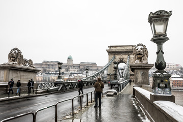 Fototapeta na wymiar Chain Bridge over Danube river at winter in Budapest