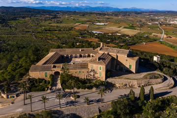 Fototapeta na wymiar Aerial view, Santuari de Monti-Sión, Sanctuary Montesion, Puig de Monti-Sión, Porreres, Mallorca, Balearic Islands, Spain, jan 2019