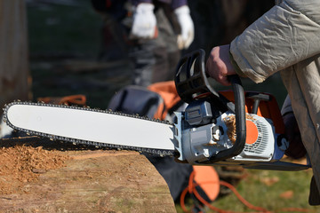 Close up professional chainsaw blade cutting log of wood