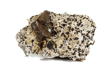 Macro stone Pyrite mineral in rock on a white background