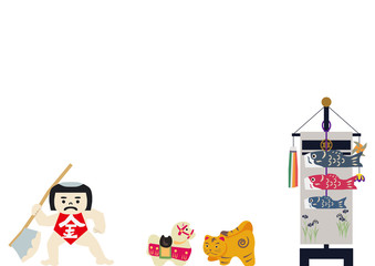 端午の節句のイメージ。 日本の季節のイラスト。 五月人形。こどもの日のイラスト素材。 金太郎。坂田金時の人形。